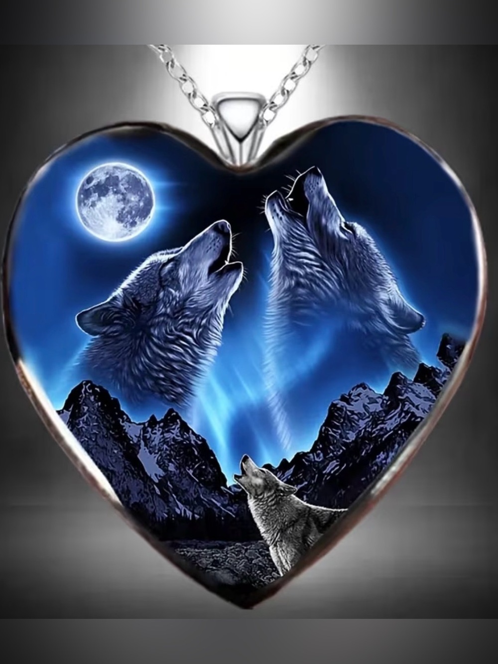 {NEW} Heart Pendant Necklace with Howling Wolf Moon Design - Blue